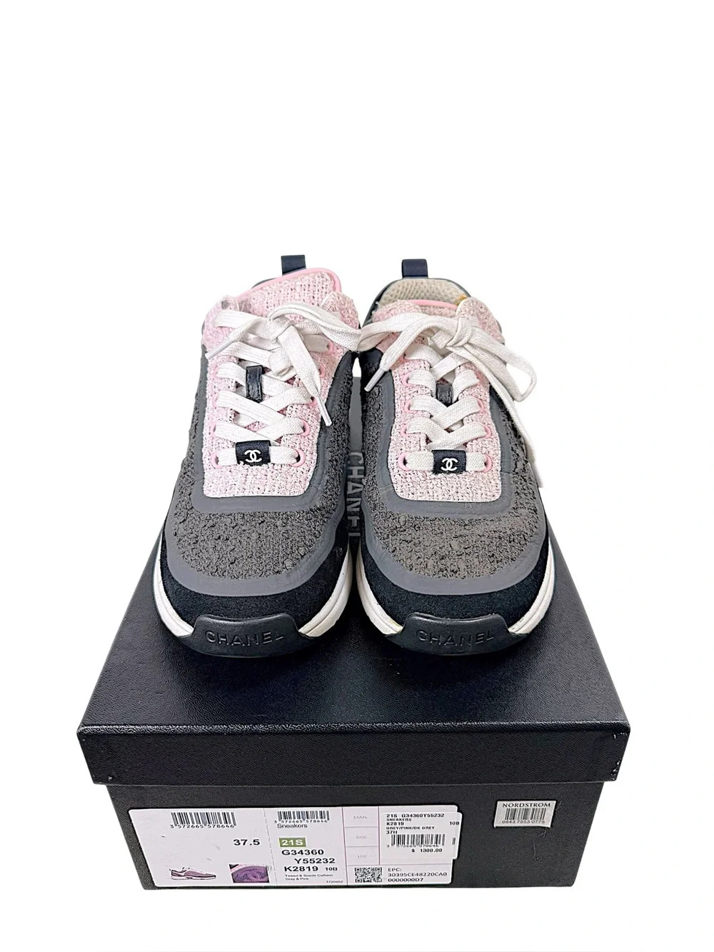 Chanel 2021 Pink Grey Tweed CC Sneakers 37.5